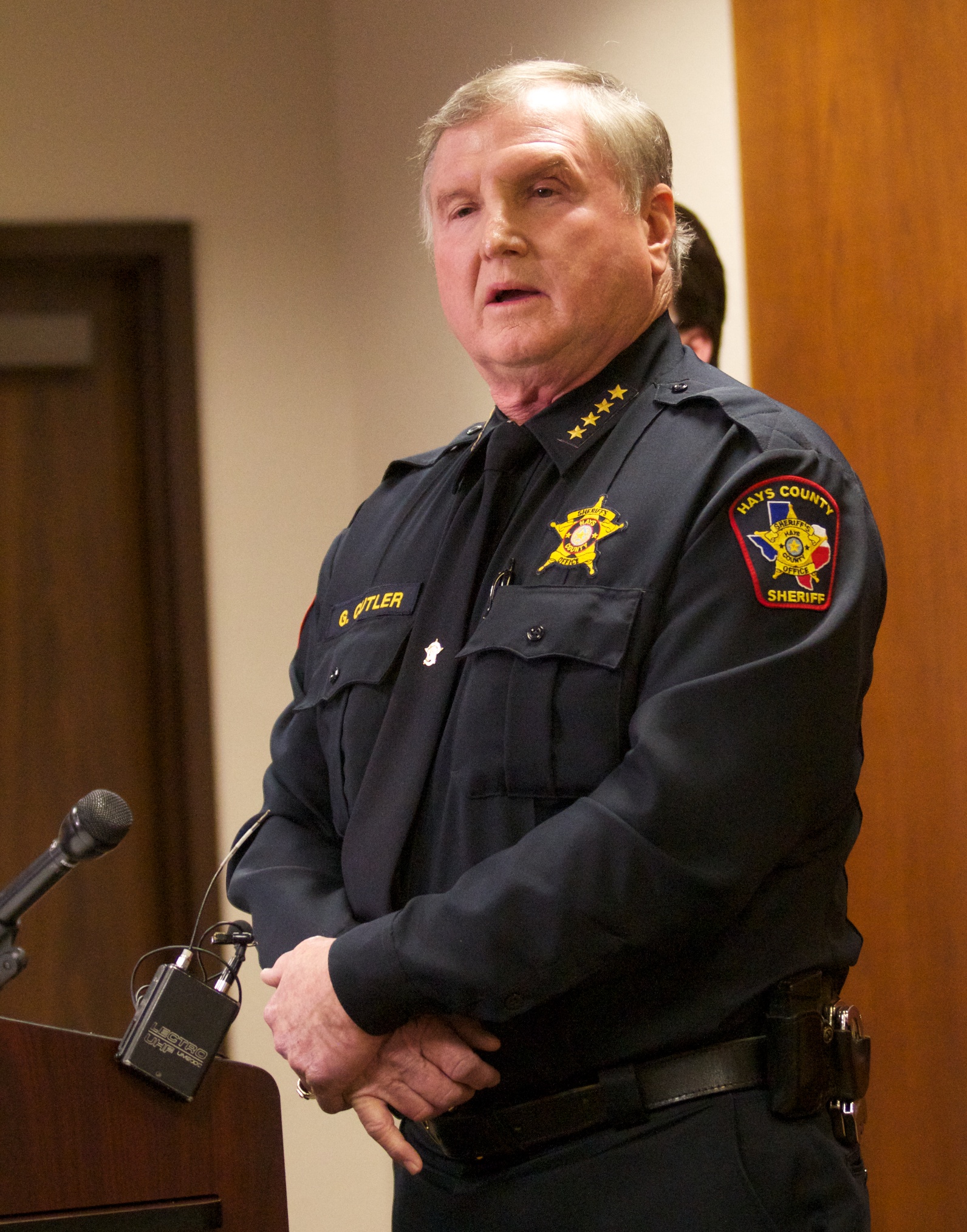 Hays County Sheriff Gary Cutler provides media members information on an investigation involving the death of a five-year-old girl at a press conference at the Hays County Sheriff's Office headquarters in San Marcos. Photo by Moses Leos III 