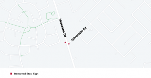 Stop signs removed at Veterans Drive