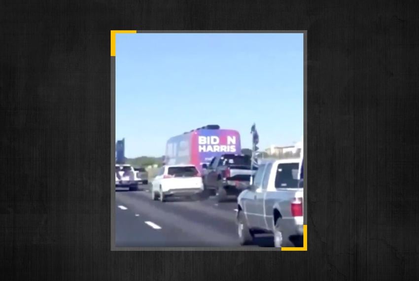 A Twitter user captured the moment a truck and a vehicle collided as the Biden-Harris bus tour was being followed by a carav…
